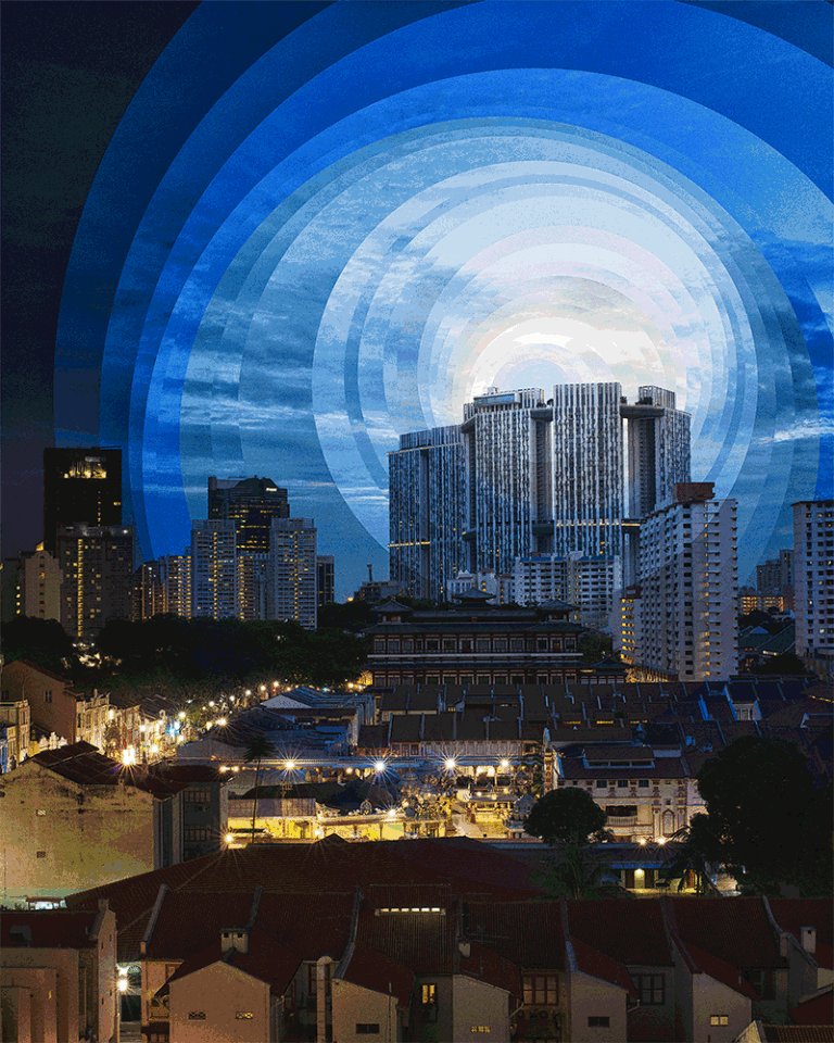 Chinatown rooftops at dusk under rings of sky that change from day to night