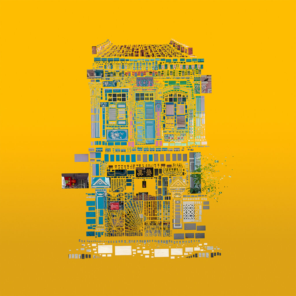 Koon Seng shophouse rebuilt from hundreds of small photographic fragments on a yellow background