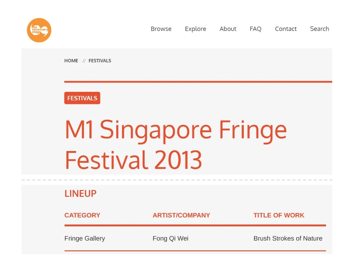 The Necessary Stage archive: M1 Singapore Fringe Festival 2013 lineup listing Fong Qi Wei, Brush Strokes of Nature, in the Fringe Gallery