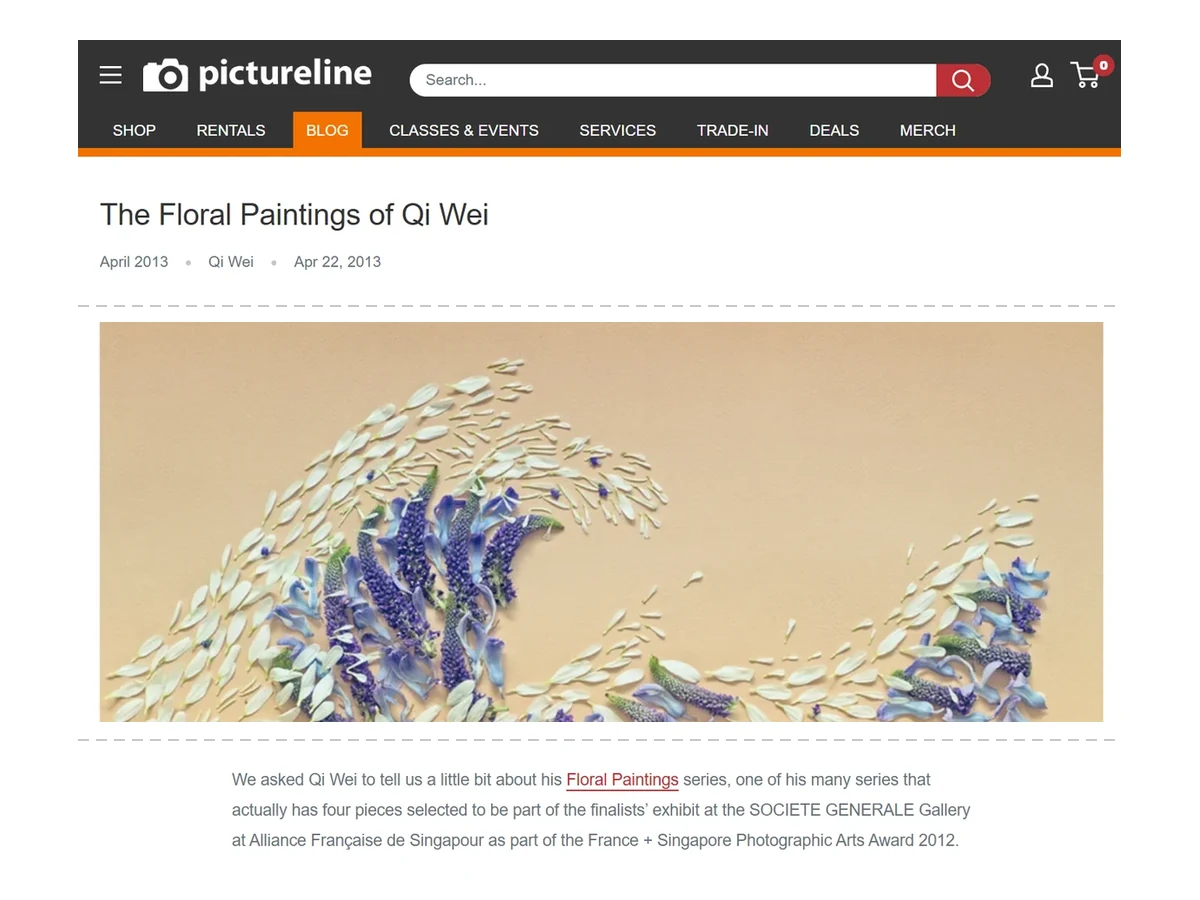 Pictureline blog, April 2013: "The Floral Paintings of Qi Wei", noting four works in the France + Singapore Photographic Arts Award 2012 finalists' exhibit at Alliance Française de Singapour