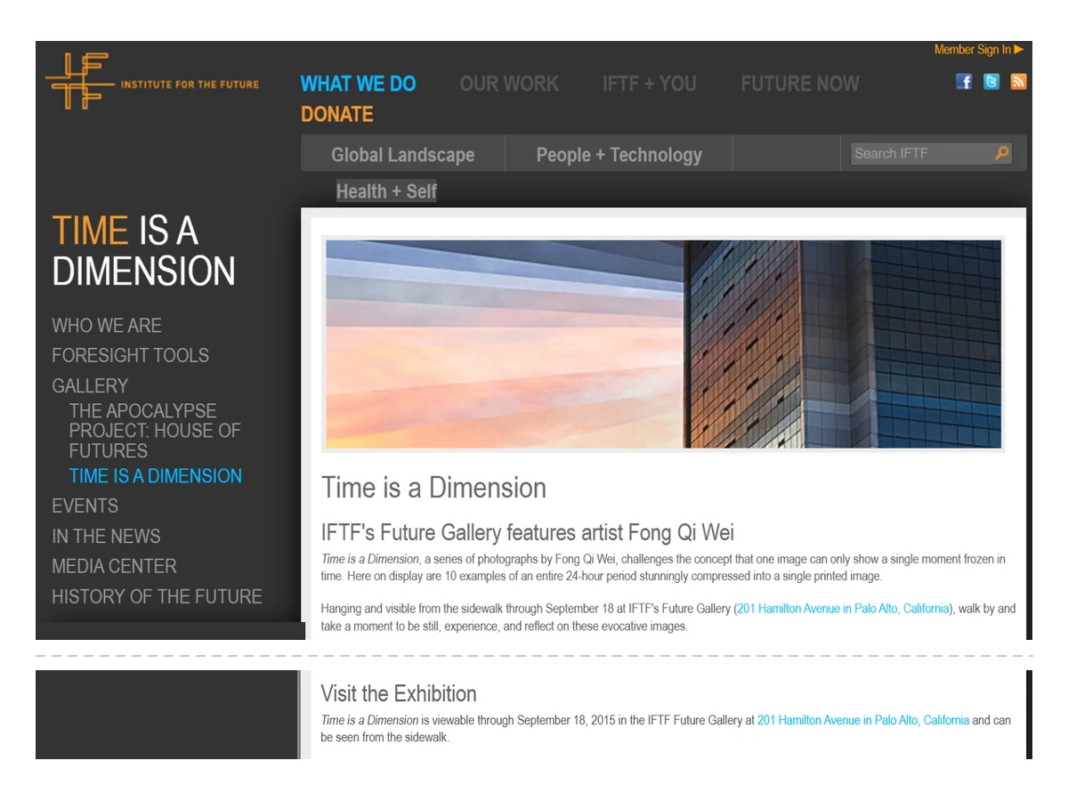 Institute for the Future website, 2015: "Time is a Dimension. IFTF's Future Gallery features artist Fong Qi Wei", viewable in Palo Alto through 18 September 2015