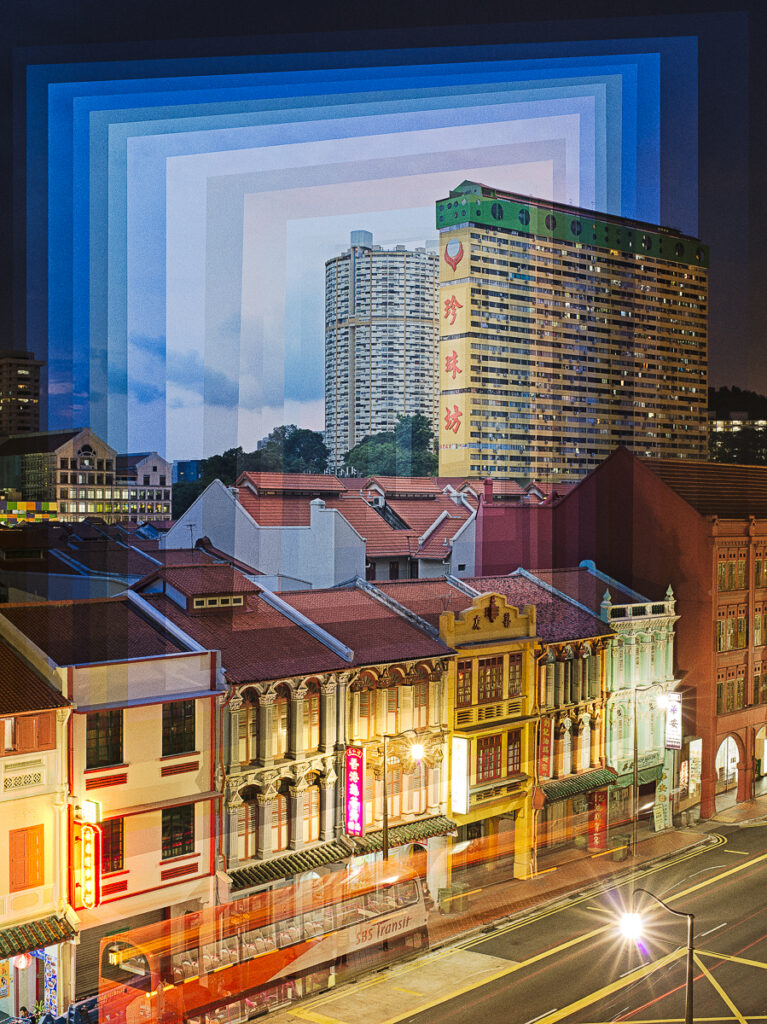 Pearls Centre and the shophouses below it, the sky stepping from day to night in nested frames