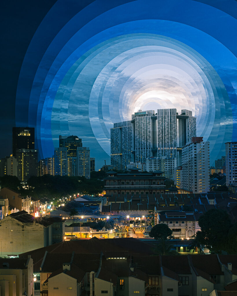 Chinatown rooftops at dusk under rings of sky that change from day to night