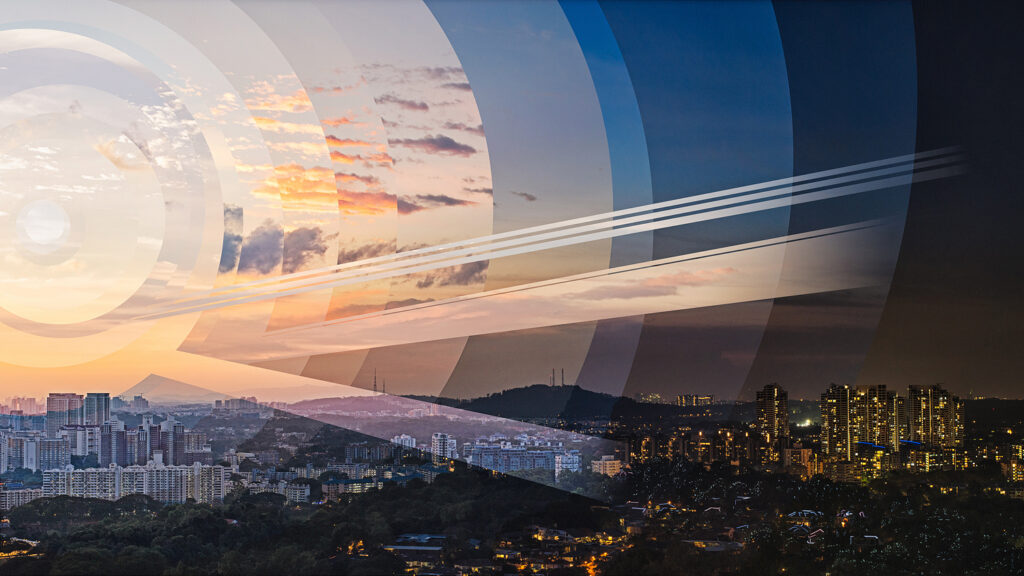 Singapore skyline that turns from sunset on the left to night on the right, the sky cut into arcs of different times