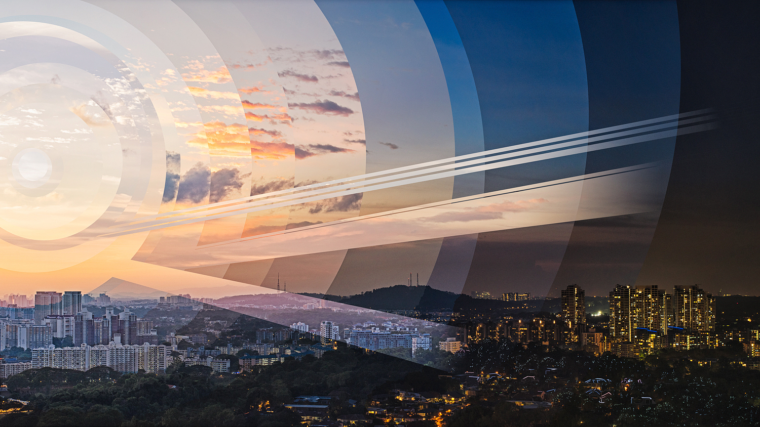 Singapore skyline that turns from sunset on the left to night on the right, the sky cut into arcs of different times