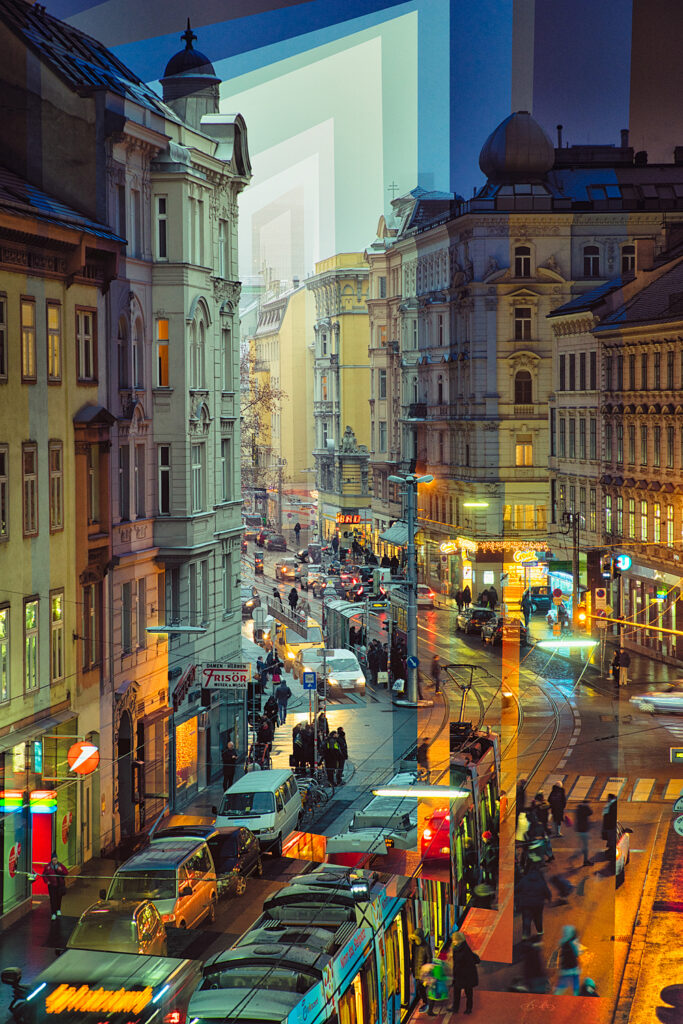 Vienna street with trams at dusk, the sky stepping from day to night